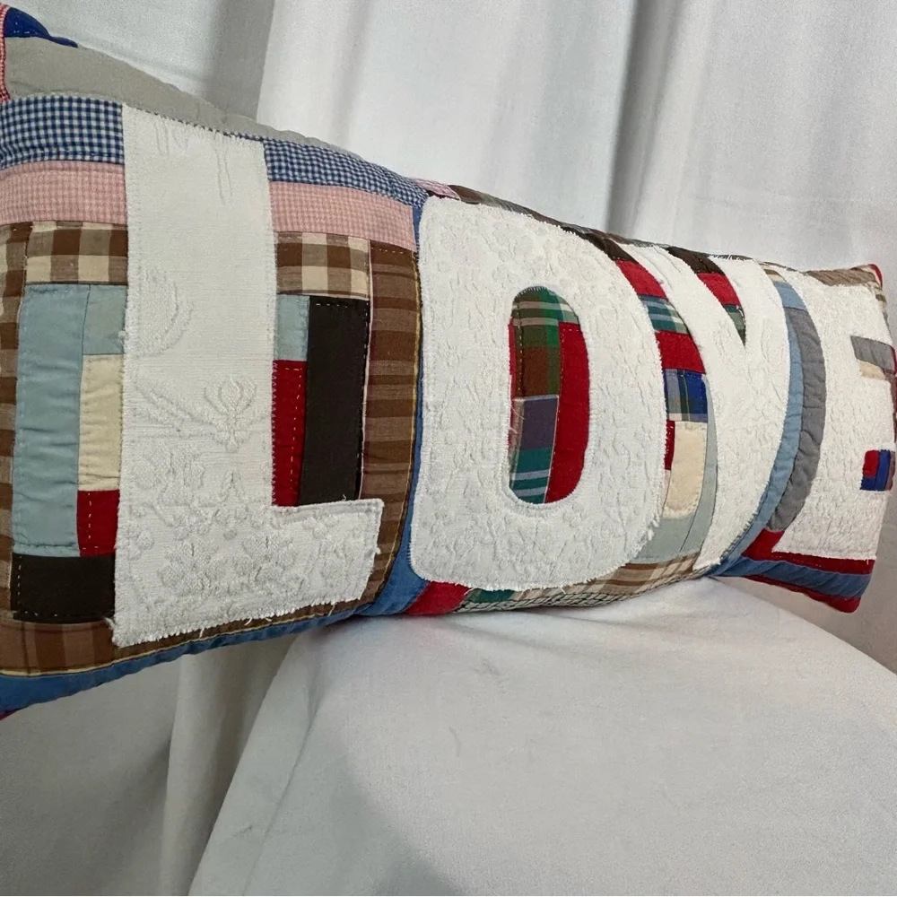 Log Cabin Quilt‎ Up Cycled into a LOVE Pillow with White and Multicolor Design